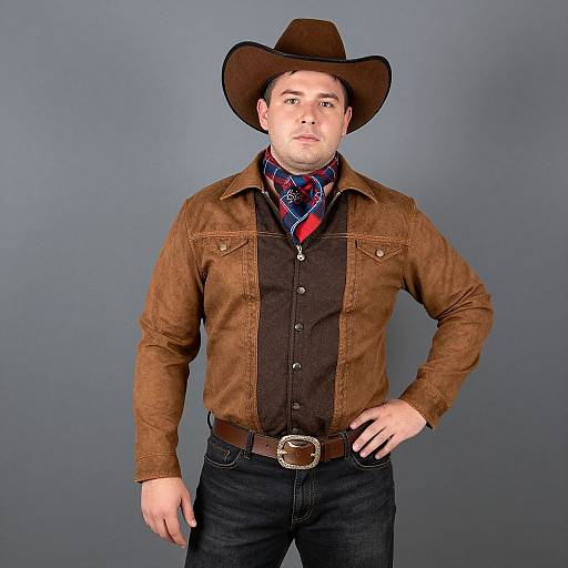Photograph of a young Caucasian man with fair skin, wearing a brown cowboy hat, brown denim shirt, black vest, red plaid scarf, dark