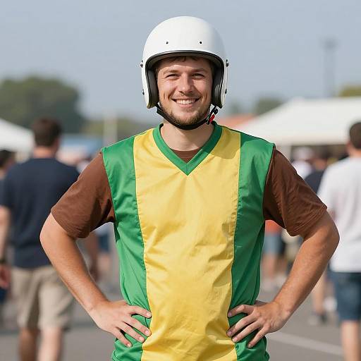 Smiling man in beer-themed costume with helmet