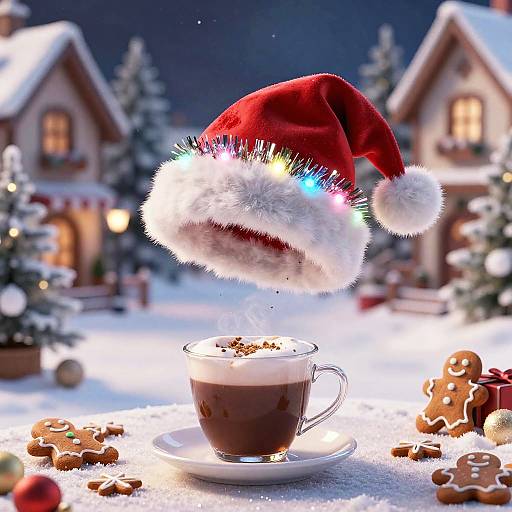 Photograph of a steaming hot chocolate in a glass cup, topped with a glowing Christmas hat, surrounded by gingerbread cookies on a snowy, festive
