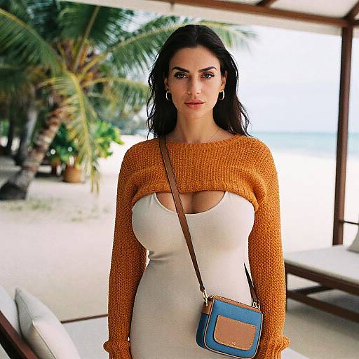 Photograph of a dark-haired woman with large breasts wearing a white, form-fitting dress, orange knit sweater, and blue purse, standing on a