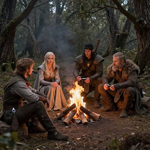 Photograph of four medieval warriors, including a blonde woman in silver armor, sitting around a campfire in a dark forest.