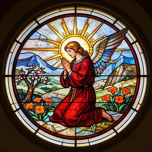 Stained glass artwork of angelic figure in red robe, praying with hands raised, wings spread, surrounded by flowers, mountains, and sun.