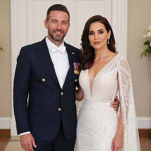 Photograph of a smiling bearded man in a black suit with medals, standing beside a dark-haired woman in a white, deep V-neck lace wedding