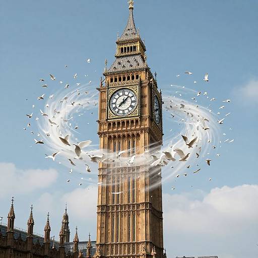 Photograph of London's Big Ben clock tower with a swirling, ethereal circle of white birds against a bright blue sky.
