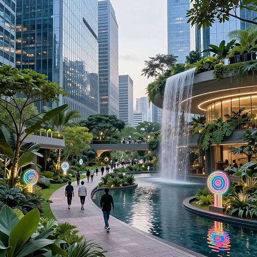 Photograph of a modern urban plaza with a waterfall, neon candy cane decorations, tall glass buildings, and people walking along a paved path surrounded by lush