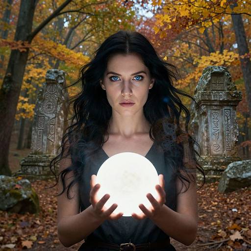 Photorealistic digital artwork of a pale-skinned woman with long black hair and striking blue eyes, holding a glowing orb in a forest with autumn leaves