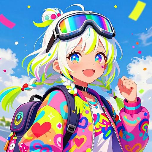Vibrant anime-style drawing of a cheerful blonde girl with rainbow hair, wearing goggles, colorful heart-patterned jacket, and backpack, against a bright