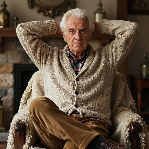 Photograph of an elderly white man with white hair, wearing a beige cardigan, plaid shirt, and brown pants, sitting confidently with hands behind