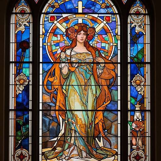 Stunning stained glass window depicting a serene, long-haired woman in flowing green and gold dress with radiant halo, set against vibrant blue and orange background.