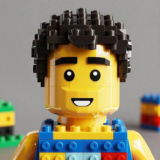 Close-up photograph of a LEGO minifigure with yellow skin, black curly hair, black eyes, smiling, wearing blue overalls with yellow and red