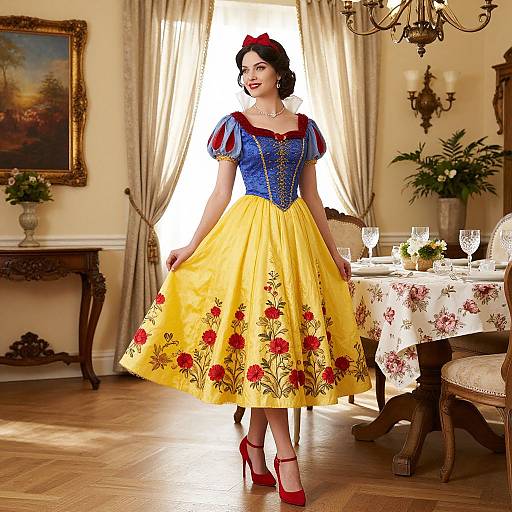 Photograph of a woman in a blue and yellow Disney Snow White-inspired dress with red flowers, red shoes, and red headband, standing in an