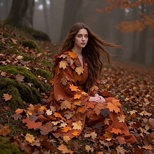 Photograph of a young woman with long brown hair, wearing an orange dress adorned with autumn leaves, sitting in a foggy forest covered in moss and