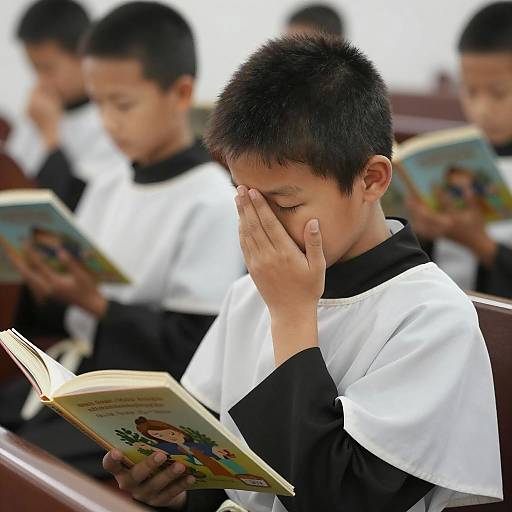 Boy in Religious Garment Reading in Church