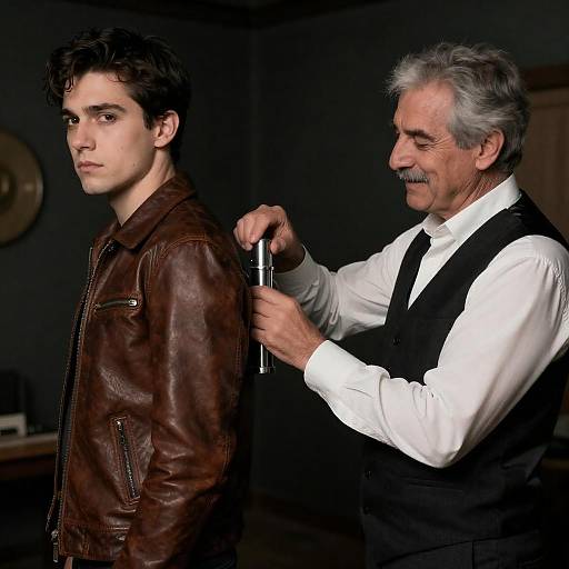 Older Man Adjusting Gadget on Young Man's Back