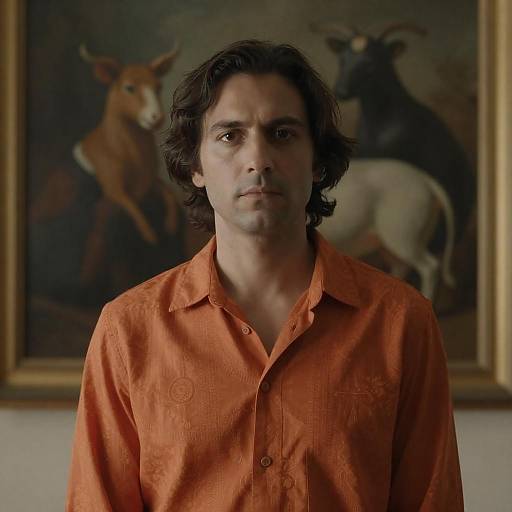 Man in Orange Patterned Shirt, Animal Painting