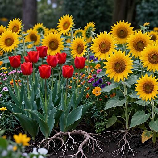 Vibrant photograph of red tulips and bright yellow sunflowers in a garden, with visible root systems and lush green foliage.