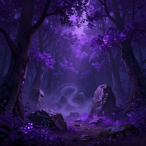 Mystical forest scene in digital art, featuring glowing purple trees, ethereal mist, and luminescent rocks, under a vibrant purple moonlit