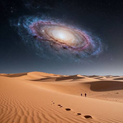 Photograph of a desert with rippled sand dunes under a night sky, featuring a glowing, colorful spiral galaxy above two small, distant figures.