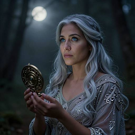 Photograph of a silver-haired woman with blue eyes, wearing a sparkly silver dress, holding a circular, ornate golden object, under a moon