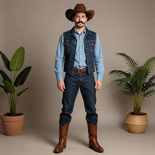Photograph of a bearded man in a brown cowboy hat, blue shirt, denim vest, and boots, standing between two potted plants.