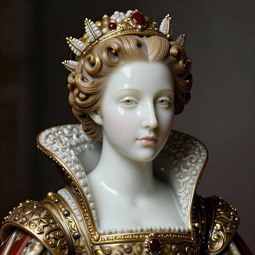 Photograph of a porcelain Queen statue with intricate gold crown, curled blonde hair, white face, ornate collar, and dark background.