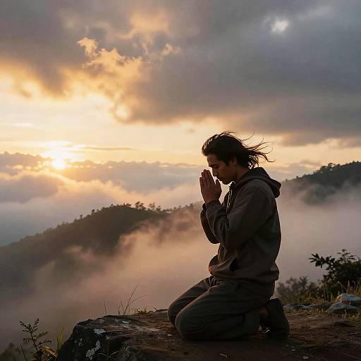 Photograph of a silhouetted man with long hair, in a hoodie, kneeling and praying on a mountain ledge at sunrise, surrounded by mist