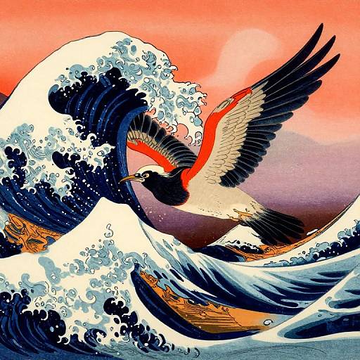 Digital illustration of a red-and-black bird soaring above a dynamic, blue-and-white wave against a gradient orange sky. Inspired by Hokusai's 