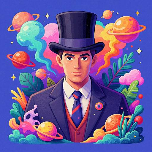 Digital illustration of a stern-faced man in a black top hat, suit, and red tie, surrounded by vibrant, colorful planets and cosmic elements on a