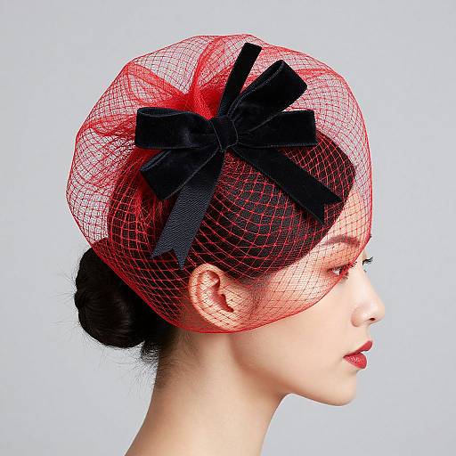 Photograph of a fair-skinned woman in profile, wearing a vibrant red mesh hat with black bows, black hair in a bun, and red lipstick