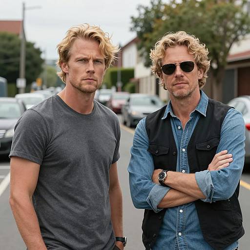 Two Blonde Men Standing on Street