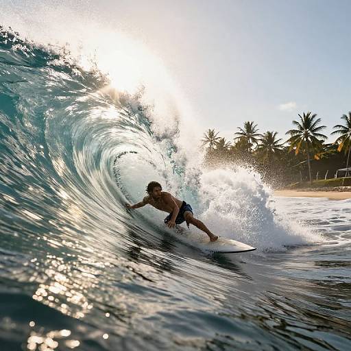 Surfers Riding Sunlit Tropical Wave