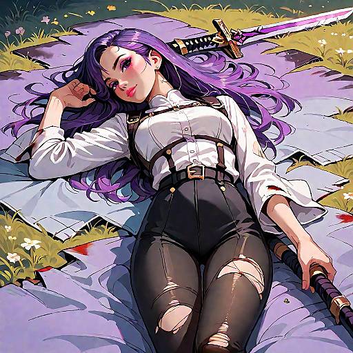 Displeased Purple-Haired Warrior Lying on Field
