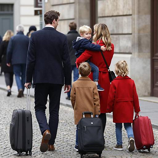 Family Walking on Cobblestone Street with Luggage