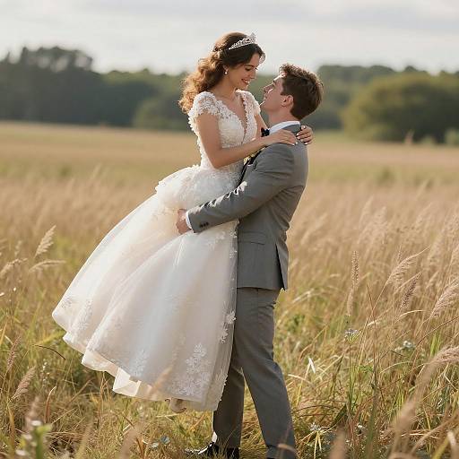Joyful Wedding Moment in Sunlit Field