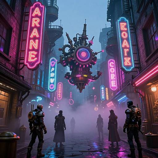 Neon-lit cyberpunk street at dusk, featuring glowing 