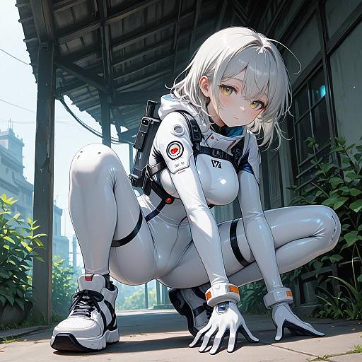 Futuristic Girl in White Bodysuit Outdoors