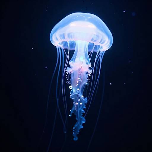 Photograph of a glowing, blue and white jellyfish with translucent tentacles, floating in a dark, starry ocean background.