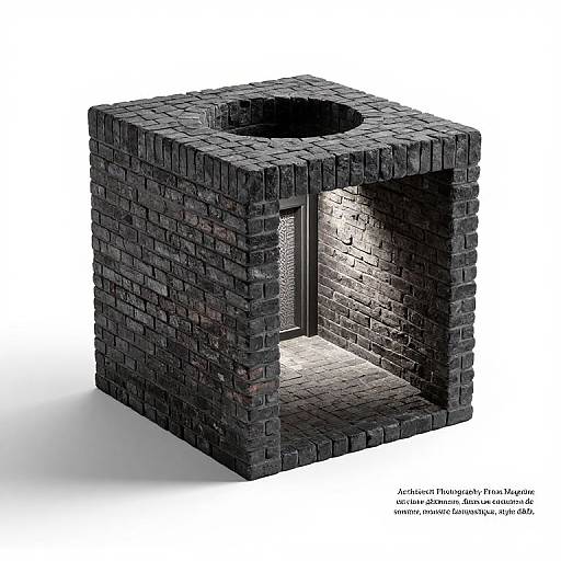Photograph of a small, black brick structure with a central circular opening and an illuminated doorway, showcasing detailed brick texture and shadowing. Watermarks in