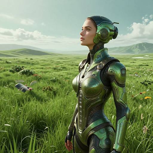 CGI image of a futuristic, green-armored, robotic woman with a sleek helmet standing in a lush, grassy meadow under a bright sky