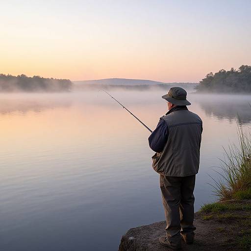 Photograph of a man in a gray fishing vest and hat fishing on a misty lakeshore at sunrise, holding a fishing rod.