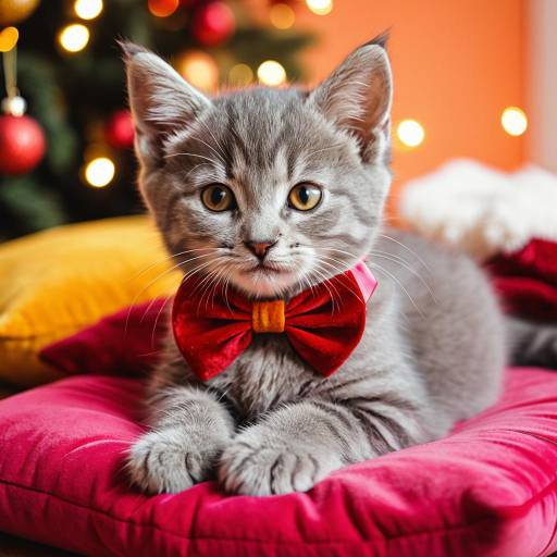 Grey Kitten with Red Velvet Bow on Pink Cushion