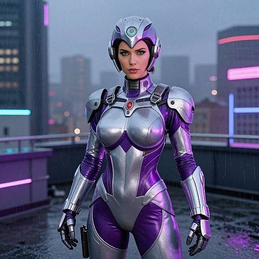 Confident Superheroine on Neon Rooftop