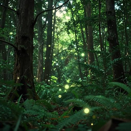 Photograph of a dense forest with tall trees, lush green ferns, and glowing fireflies illuminating the dimly lit, enchanting woodland.
