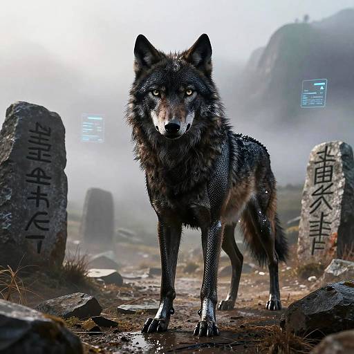 Digital art of a wet, black wolf with piercing green eyes standing on a misty, rocky path with ancient, inscribed stones.