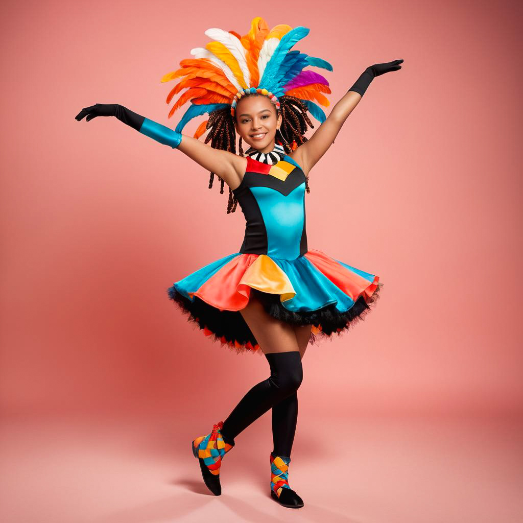 Excited Young Girl in Harlequin Costume