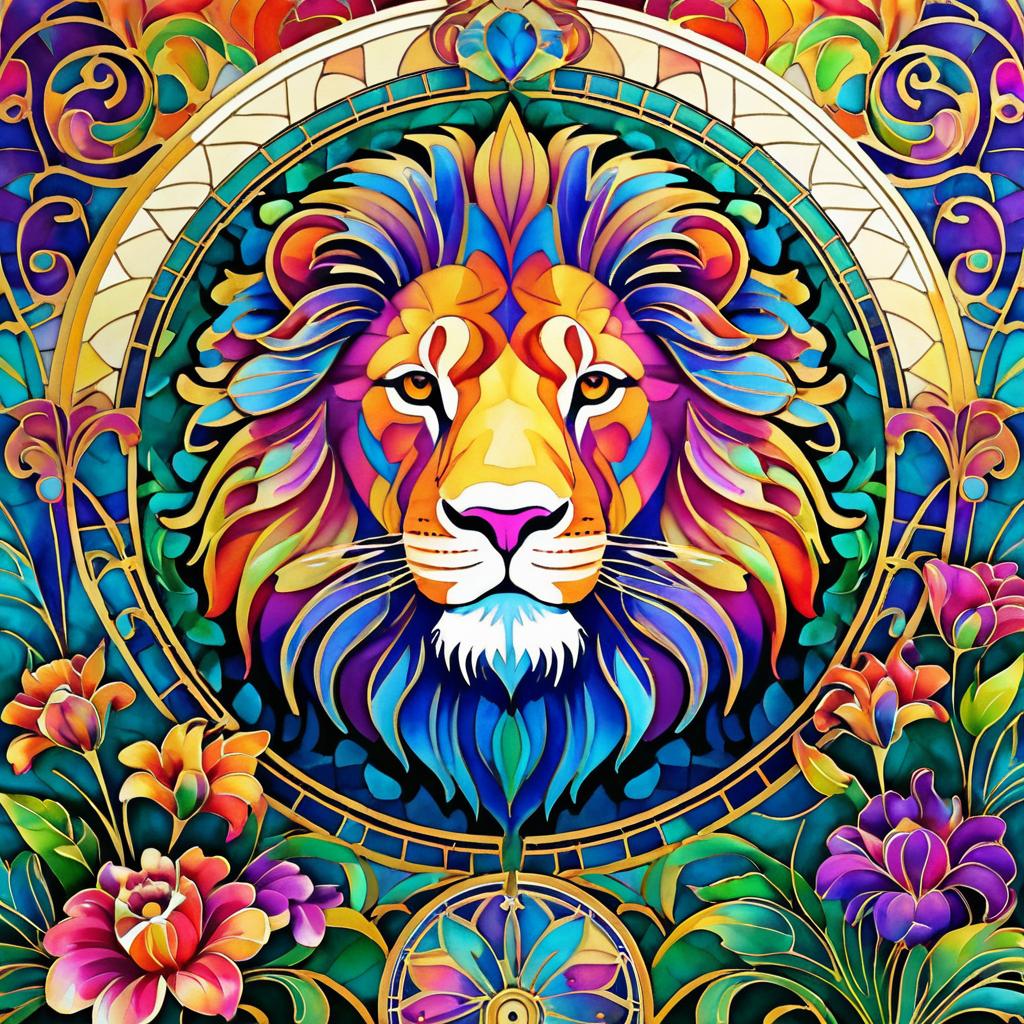 Vibrant Art Nouveau Lion with Flowers