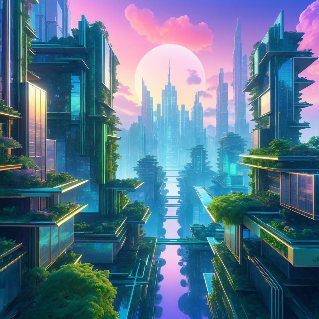 Futuristic Nature-Overgrown Cityscape at Dusk