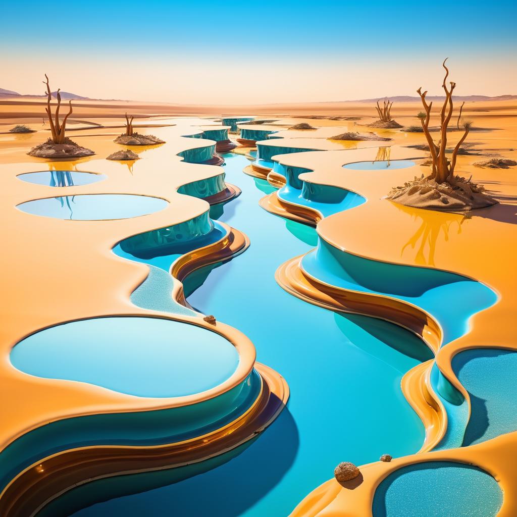 Surreal Desert River of Melting Clocks