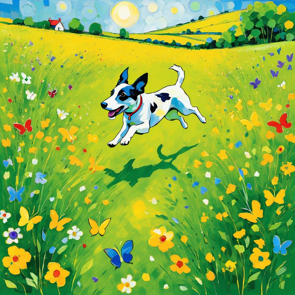 Chagall-Inspired Dog Chasing Butterflies