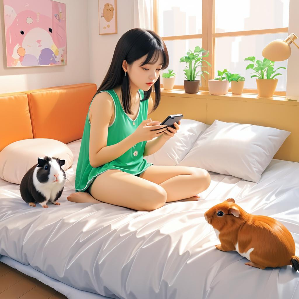 Anime Girl with Guinea Pig on Bed